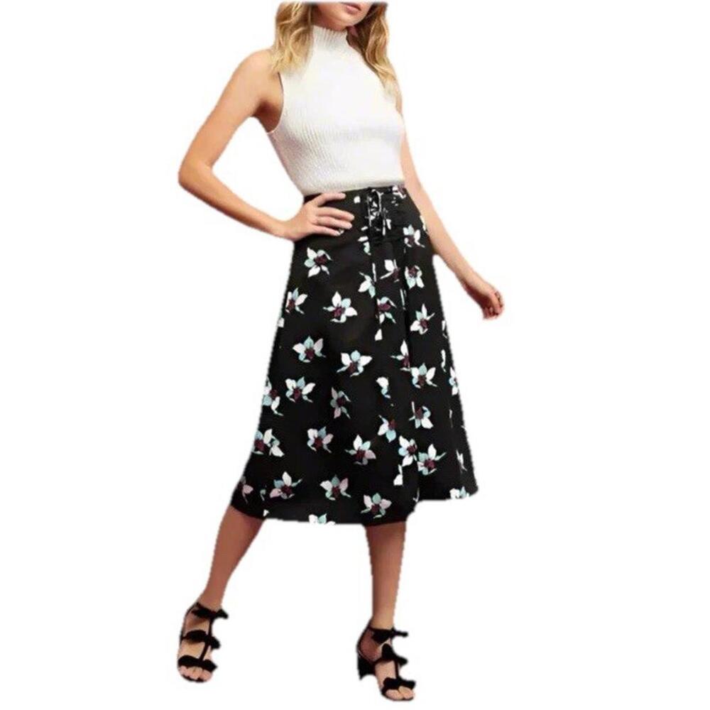 Anthropologie Maeve Zadie Lace Up Midi Skirt Black Floral Womens 10 Lined A Line